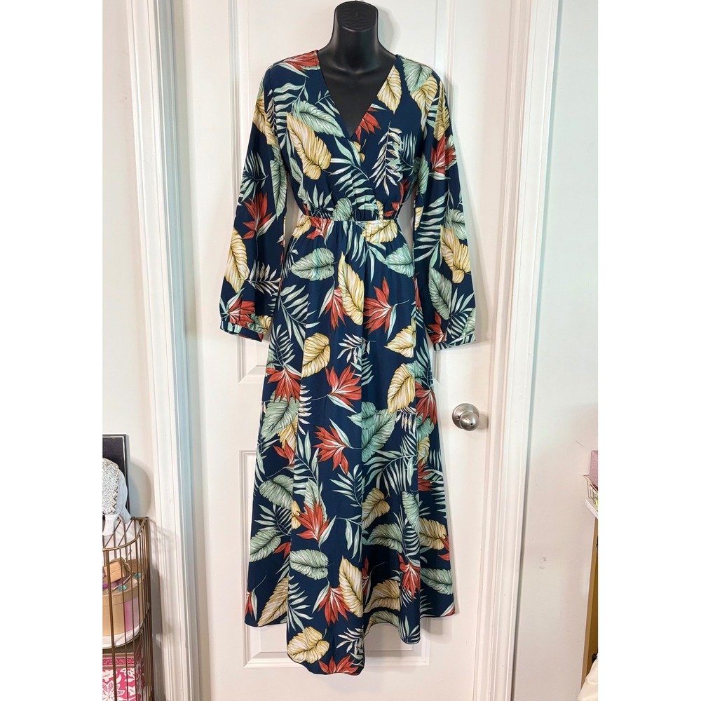 Aakaa Women's Long Tropical Boho Hawaiian Floral Maxi Dress Nautical Leaf Small